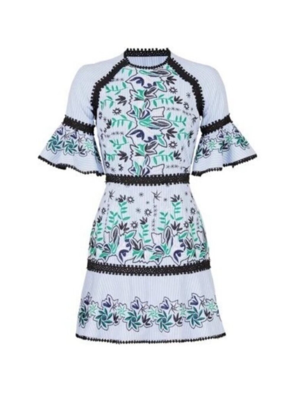 AMUR Logan Embroidered Pom Pom Trim Mini Dress Blue Floral Striped